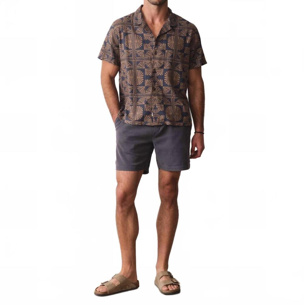 NEW MARINE LAYER pablo tencel linen resort shirt in brown/navy geo fan print